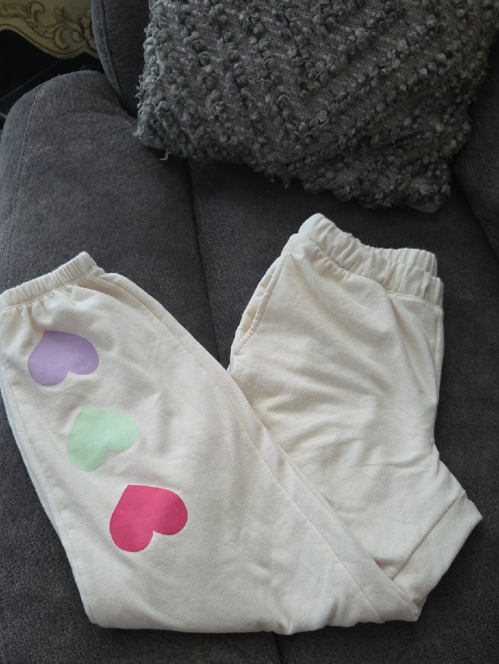 Old Navy Cream Sweatpants with Pink, Green & Purple Hearts